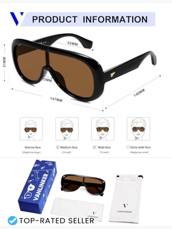 Oversized Aviator Square Sunglasses One-Piece Polarized Lens Retro Futuristic